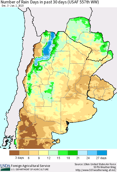 Southern South America Number of Rain Days in past 30 days (USAF 557th WW) 01/01/2023 Thematic Map For 12/26/2022 - 1/1/2023