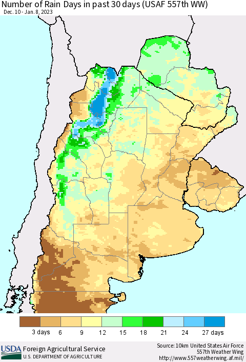 Southern South America Number of Rain Days in past 30 days (USAF 557th WW) 01/08/2023 Thematic Map For 1/2/2023 - 1/8/2023