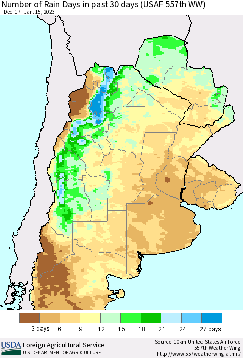 Southern South America Number of Rain Days in past 30 days (USAF 557th WW) 01/15/2023 Thematic Map For 1/9/2023 - 1/15/2023
