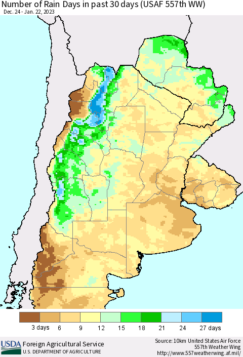 Southern South America Number of Rain Days in past 30 days (USAF 557th WW) 01/22/2023 Thematic Map For 1/16/2023 - 1/22/2023