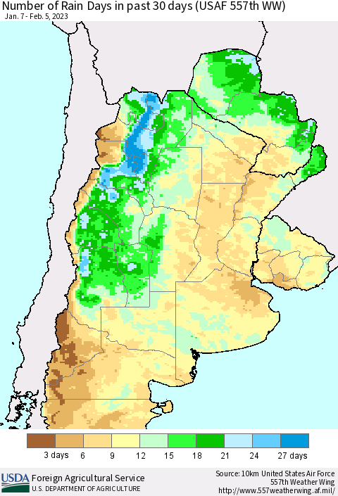 Southern South America Number of Rain Days in past 30 days (USAF 557th WW) 02/05/2023 Thematic Map For 1/30/2023 - 2/5/2023
