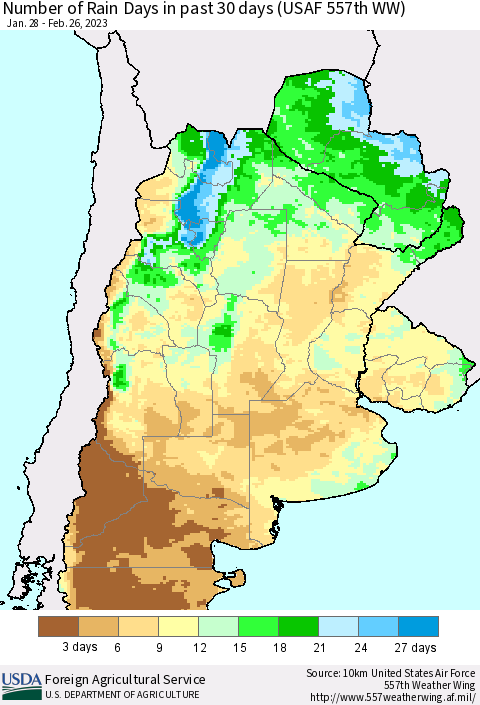 Southern South America Number of Rain Days in past 30 days (USAF 557th WW) 02/26/2023 Thematic Map For 2/20/2023 - 2/26/2023