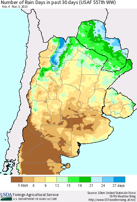 Southern South America Number of Rain Days in past 30 days (USAF 557th WW) 03/05/2023 Thematic Map For 2/27/2023 - 3/5/2023