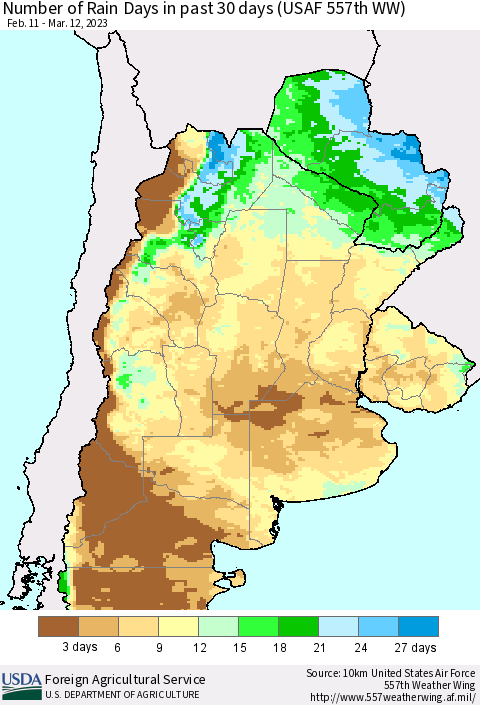 Southern South America Number of Rain Days in past 30 days (USAF 557th WW) 03/12/2023 Thematic Map For 3/6/2023 - 3/12/2023