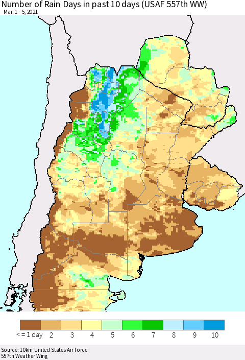 Southern South America Number of Rain Days in past 10 days (USAF 557th WW) Thematic Map For 3/1/2021 - 3/5/2021