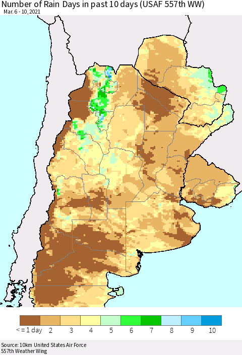 Southern South America Number of Rain Days in past 10 days (USAF 557th WW) Thematic Map For 3/6/2021 - 3/10/2021