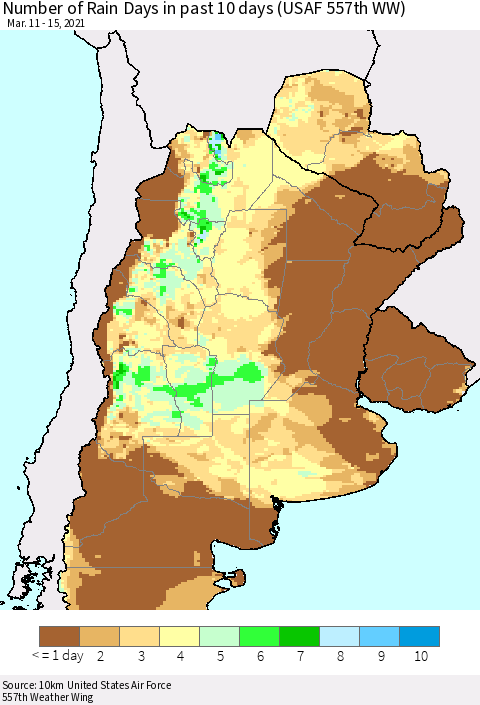 Southern South America Number of Rain Days in past 10 days (USAF 557th WW) Thematic Map For 3/11/2021 - 3/15/2021