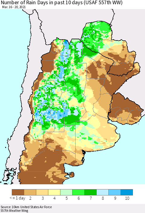 Southern South America Number of Rain Days in past 10 days (USAF 557th WW) Thematic Map For 3/16/2021 - 3/20/2021