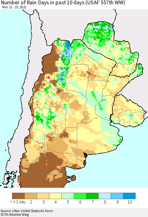 Southern South America Number of Rain Days in past 10 days (USAF 557th WW) Thematic Map For 3/21/2021 - 3/25/2021