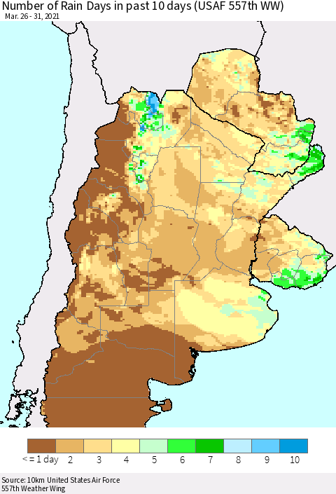 Southern South America Number of Rain Days in past 10 days (USAF 557th WW) Thematic Map For 3/26/2021 - 3/31/2021