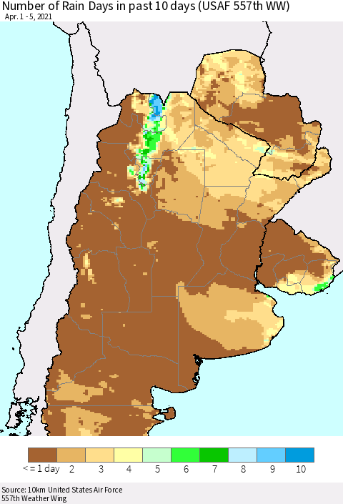 Southern South America Number of Rain Days in past 10 days (USAF 557th WW) Thematic Map For 4/1/2021 - 4/5/2021