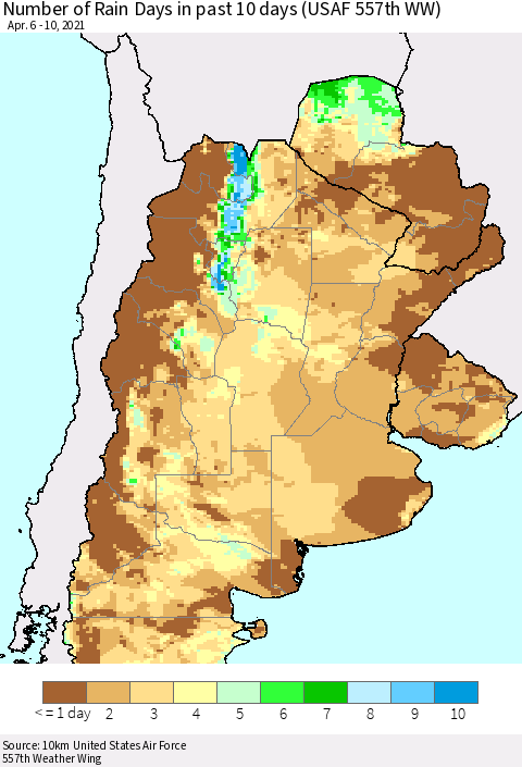Southern South America Number of Rain Days in past 10 days (USAF 557th WW) Thematic Map For 4/6/2021 - 4/10/2021