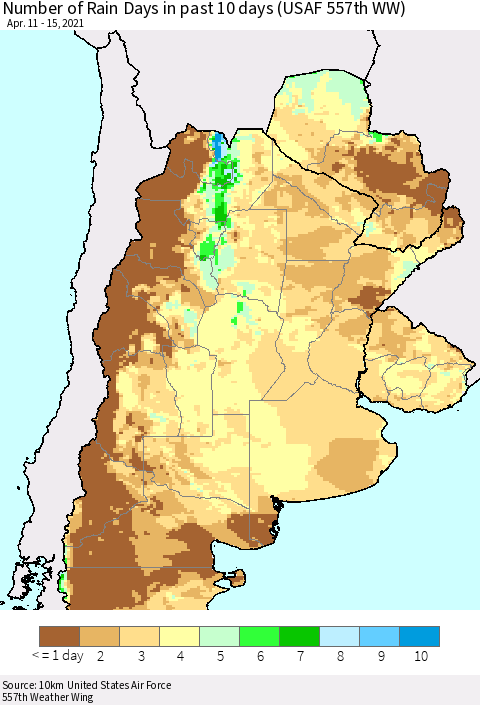 Southern South America Number of Rain Days in past 10 days (USAF 557th WW) Thematic Map For 4/11/2021 - 4/15/2021