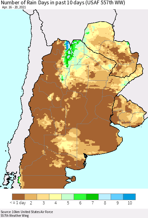 Southern South America Number of Rain Days in past 10 days (USAF 557th WW) Thematic Map For 4/16/2021 - 4/20/2021