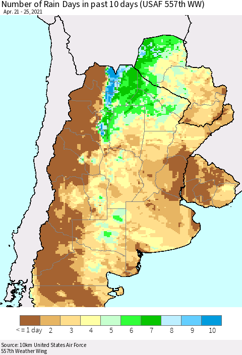 Southern South America Number of Rain Days in past 10 days (USAF 557th WW) Thematic Map For 4/21/2021 - 4/25/2021