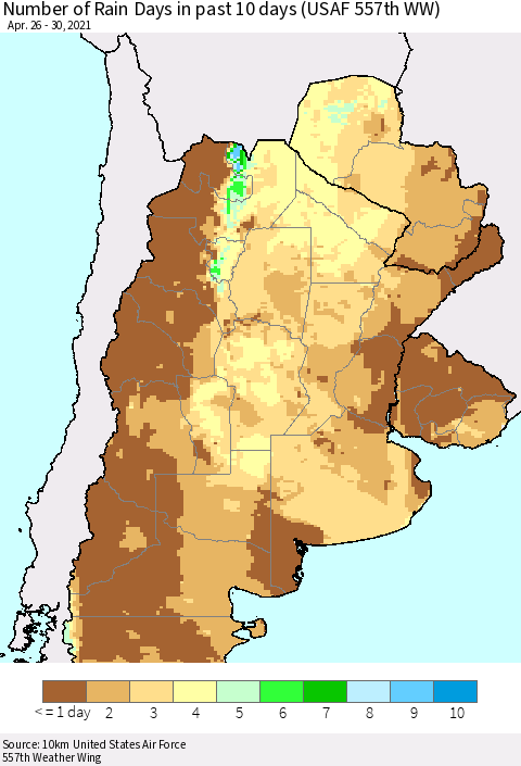 Southern South America Number of Rain Days in past 10 days (USAF 557th WW) Thematic Map For 4/26/2021 - 4/30/2021