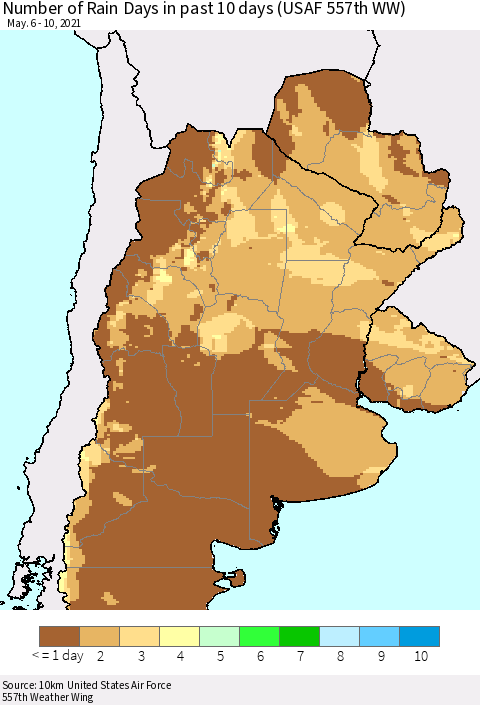 Southern South America Number of Rain Days in past 10 days (USAF 557th WW) Thematic Map For 5/6/2021 - 5/10/2021