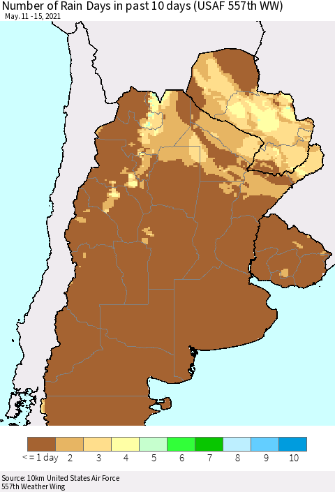 Southern South America Number of Rain Days in past 10 days (USAF 557th WW) Thematic Map For 5/11/2021 - 5/15/2021
