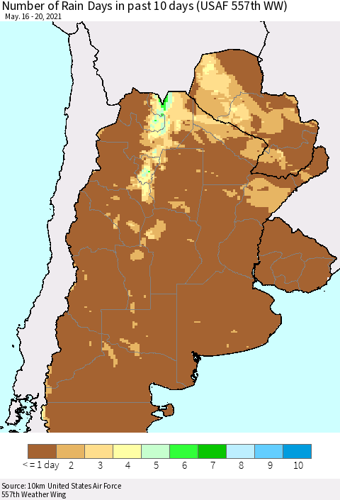 Southern South America Number of Rain Days in past 10 days (USAF 557th WW) Thematic Map For 5/16/2021 - 5/20/2021
