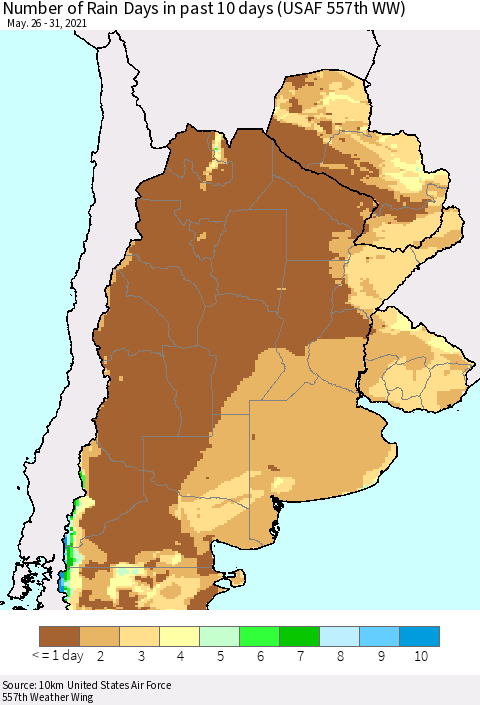 Southern South America Number of Rain Days in past 10 days (USAF 557th WW) Thematic Map For 5/26/2021 - 5/31/2021
