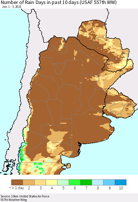 Southern South America Number of Rain Days in past 10 days (USAF 557th WW) Thematic Map For 6/1/2021 - 6/5/2021