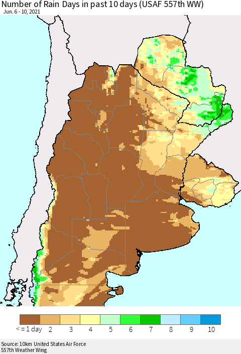 Southern South America Number of Rain Days in past 10 days (USAF 557th WW) Thematic Map For 6/6/2021 - 6/10/2021