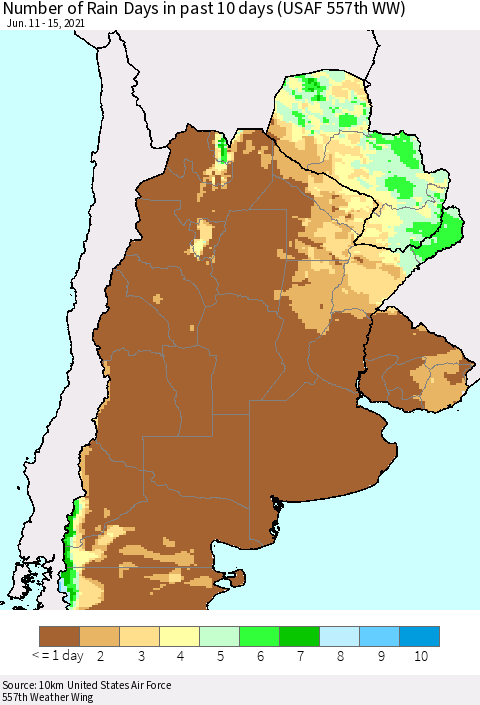 Southern South America Number of Rain Days in past 10 days (USAF 557th WW) Thematic Map For 6/11/2021 - 6/15/2021