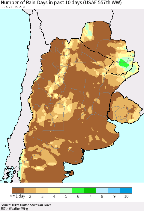 Southern South America Number of Rain Days in past 10 days (USAF 557th WW) Thematic Map For 6/21/2021 - 6/25/2021