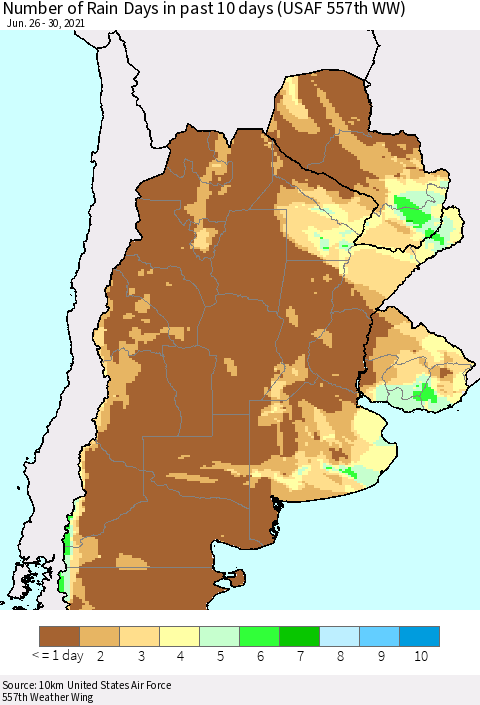 Southern South America Number of Rain Days in past 10 days (USAF 557th WW) Thematic Map For 6/26/2021 - 6/30/2021