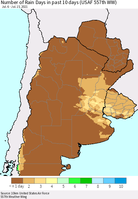 Southern South America Number of Rain Days in past 10 days (USAF 557th WW) Thematic Map For 7/11/2021 - 7/15/2021