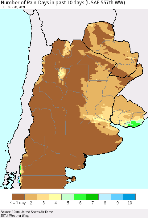 Southern South America Number of Rain Days in past 10 days (USAF 557th WW) Thematic Map For 7/16/2021 - 7/20/2021