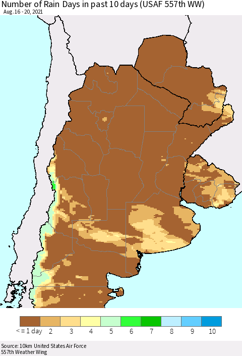 Southern South America Number of Rain Days in past 10 days (USAF 557th WW) Thematic Map For 8/16/2021 - 8/20/2021