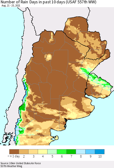 Southern South America Number of Rain Days in past 10 days (USAF 557th WW) Thematic Map For 8/21/2021 - 8/25/2021