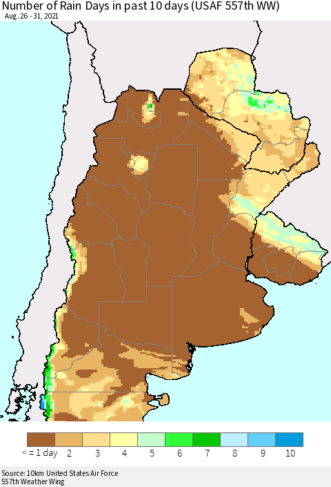 Southern South America Number of Rain Days in past 10 days (USAF 557th WW) Thematic Map For 8/26/2021 - 8/31/2021
