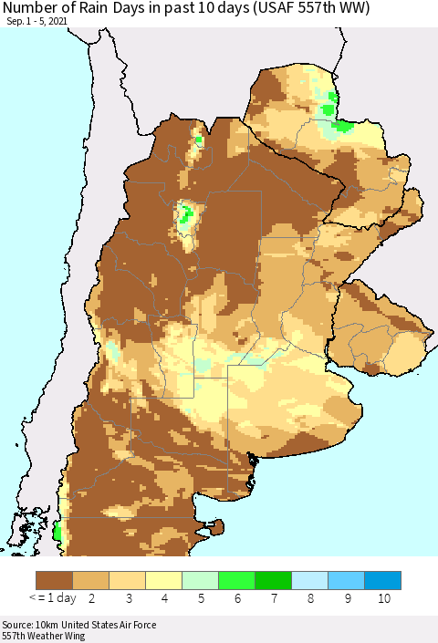 Southern South America Number of Rain Days in past 10 days (USAF 557th WW) Thematic Map For 9/1/2021 - 9/5/2021