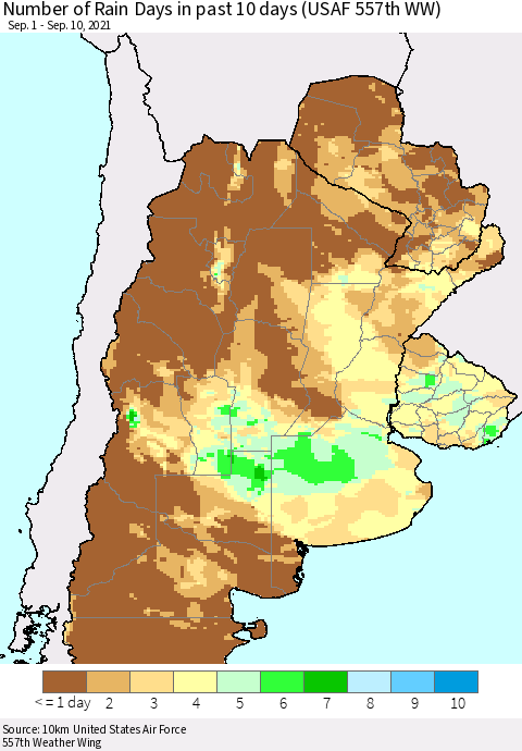 Southern South America Number of Rain Days in past 10 days (USAF 557th WW) Thematic Map For 9/6/2021 - 9/10/2021