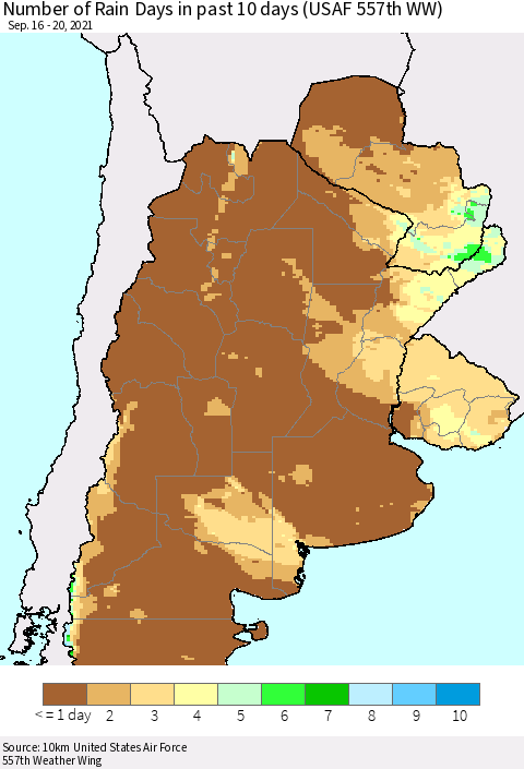 Southern South America Number of Rain Days in past 10 days (USAF 557th WW) Thematic Map For 9/16/2021 - 9/20/2021