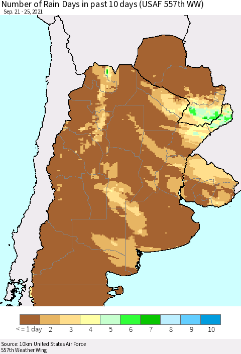 Southern South America Number of Rain Days in past 10 days (USAF 557th WW) Thematic Map For 9/21/2021 - 9/25/2021