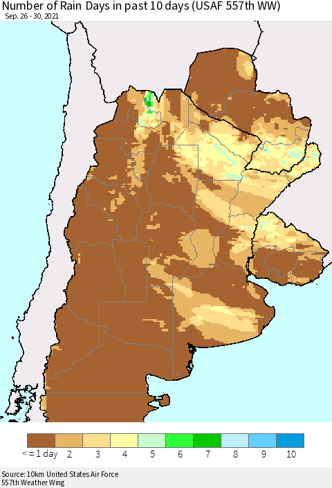 Southern South America Number of Rain Days in past 10 days (USAF 557th WW) Thematic Map For 9/26/2021 - 9/30/2021