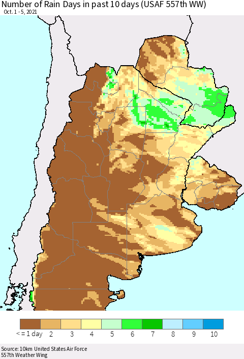 Southern South America Number of Rain Days in past 10 days (USAF 557th WW) Thematic Map For 10/1/2021 - 10/5/2021