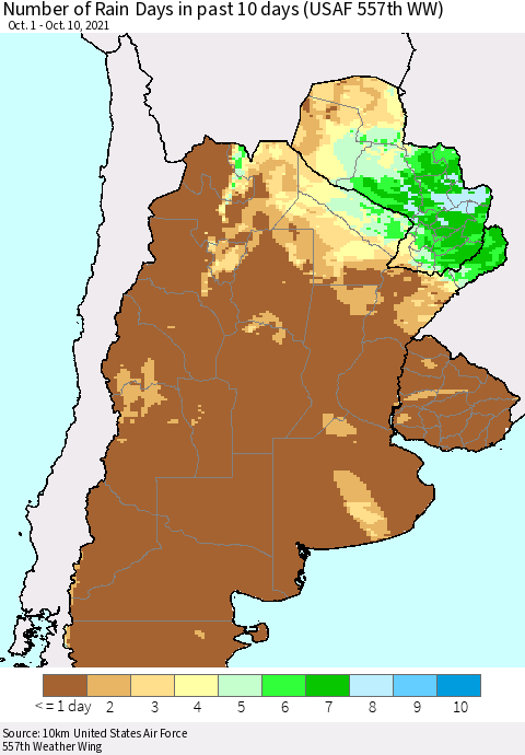 Southern South America Number of Rain Days in past 10 days (USAF 557th WW) Thematic Map For 10/6/2021 - 10/10/2021