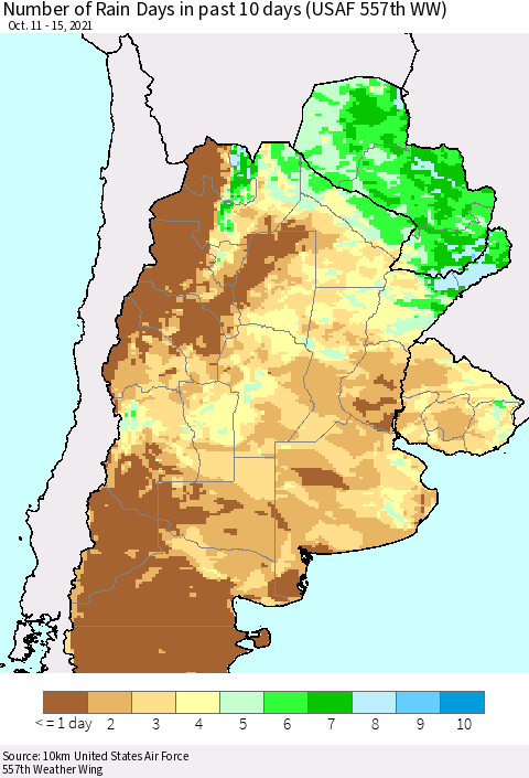 Southern South America Number of Rain Days in past 10 days (USAF 557th WW) Thematic Map For 10/11/2021 - 10/15/2021