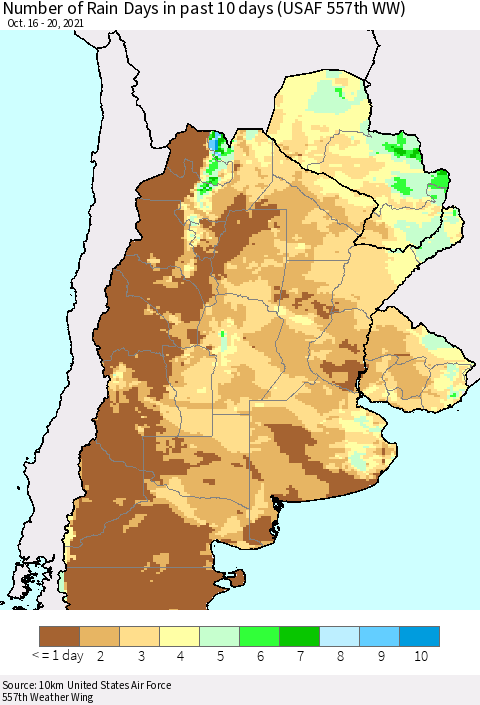 Southern South America Number of Rain Days in past 10 days (USAF 557th WW) Thematic Map For 10/16/2021 - 10/20/2021