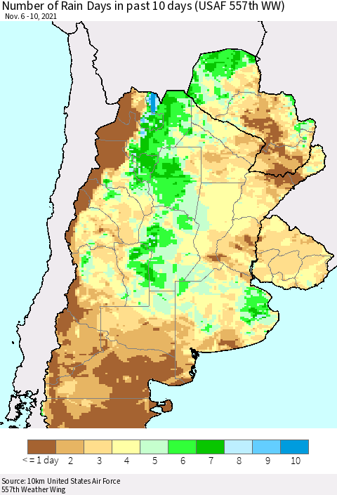 Southern South America Number of Rain Days in past 10 days (USAF 557th WW) Thematic Map For 11/6/2021 - 11/10/2021