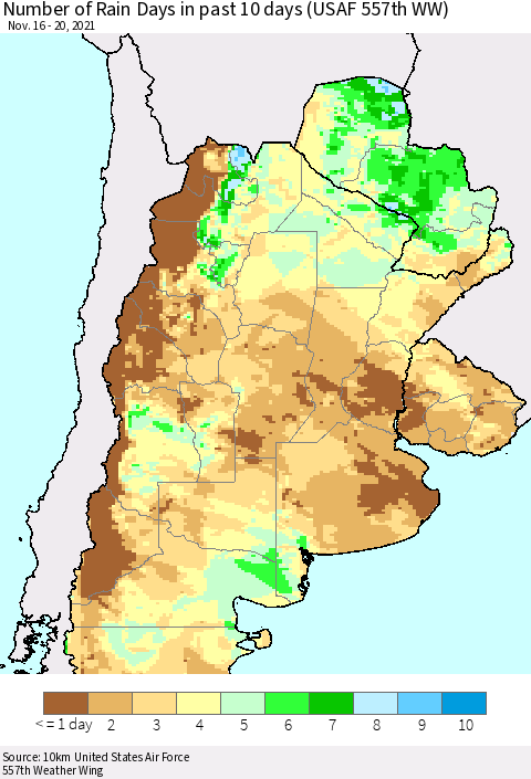 Southern South America Number of Rain Days in past 10 days (USAF 557th WW) Thematic Map For 11/16/2021 - 11/20/2021
