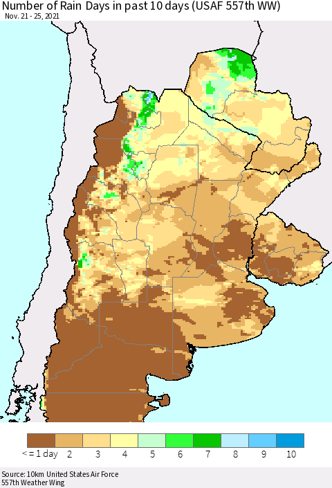 Southern South America Number of Rain Days in past 10 days (USAF 557th WW) Thematic Map For 11/21/2021 - 11/25/2021