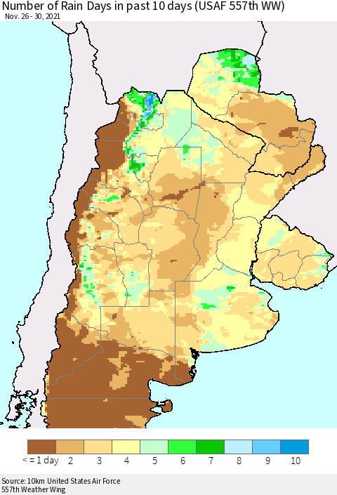 Southern South America Number of Rain Days in past 10 days (USAF 557th WW) Thematic Map For 11/26/2021 - 11/30/2021