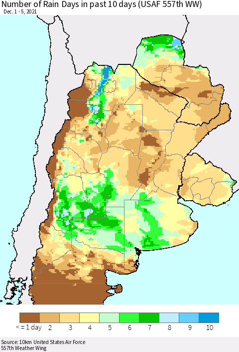 Southern South America Number of Rain Days in past 10 days (USAF 557th WW) Thematic Map For 12/1/2021 - 12/5/2021
