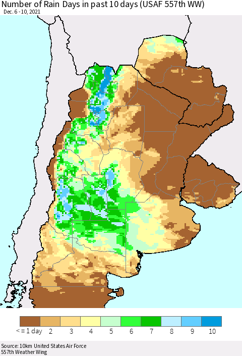 Southern South America Number of Rain Days in past 10 days (USAF 557th WW) Thematic Map For 12/6/2021 - 12/10/2021