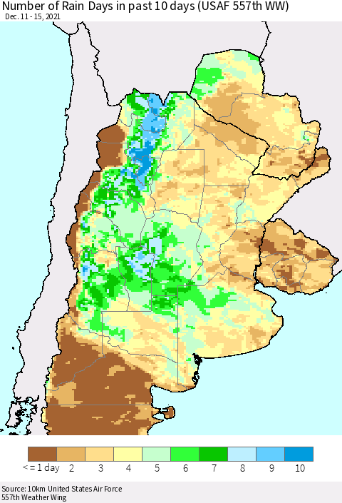 Southern South America Number of Rain Days in past 10 days (USAF 557th WW) Thematic Map For 12/11/2021 - 12/15/2021
